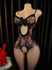 4pcs Women Lace Bodystocking Lingerie, Floral Fishnet Romantic Sleepwear For Date Night - Black - View 3
