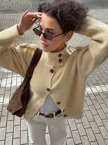2026 Autumn/Winter British Style Minimalist Elegant Daily Commute Design High Neck Knit Sweater New Women's Cardigan Jacket - Yellow - View 2