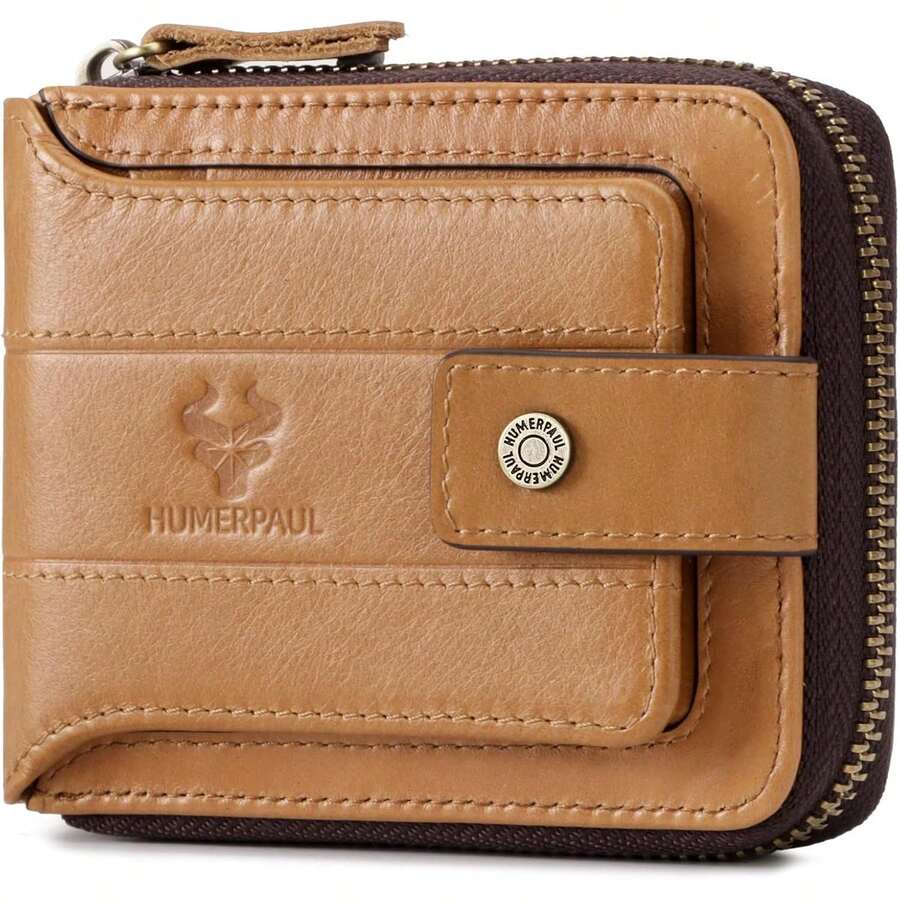 gzcz - portafolios de piel genuino para hombre con cierre con bloqueo RFID y tarjetero de crédito para hombres con ventana de identificación y bolsillo con cierre para monedas, marrón (brown - marrón (brown01) - Ver 1