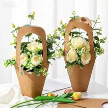 Kraft Paper Flower Packaging Bag With Handle, Cone-Shaped Bouquet Wrapping Paper Bag, Portable Flower Shop Packaging Paper Bag, Suitable For Wedding, Birthday, Party And Christmas Decoration, Christmas Home Decor, Halloween Decoration And Christmas Gifts - Light Yellow - View 6