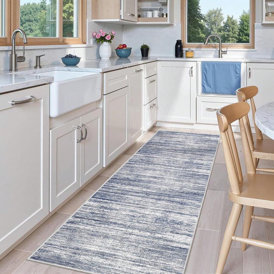 Alfombra de pasillo antideslizante para dormitorio, alfombra lavable con reverso de goma - Alfombra suave de pelo corto para cocina, lavandería, baño (61 x 244 cm, beige/marfil) - Azul - Ver 1
