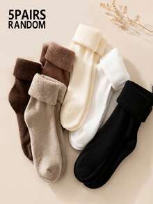 Random 3/5/10 Pairs Women's Mid-Calf Socks, Solid Color, Warm Fleece Lining, Postpartum Home Wear, Autumn/Winter - Multicolor - View 15