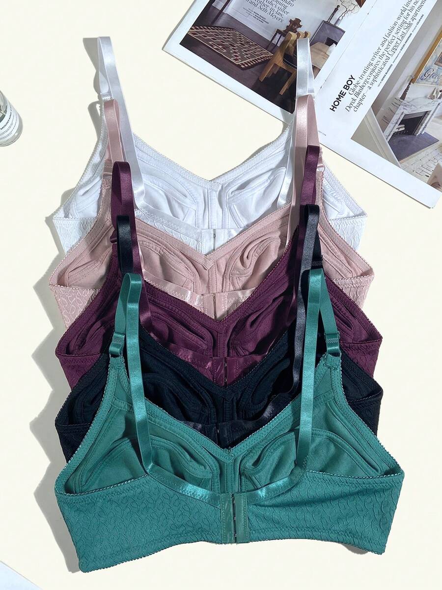 5pcs Plus Size Wireless Bra, Jacquard Pattern, Multi-Color Assortment, Adjustable Straps, Full Coverage Comfortable Lingerie - Multicolor - View 1