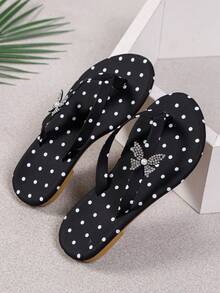 A Pair Of Girls' Polka Dot Butterfly Flip-Flops, Kids' Summer Toe-Post Sandals, Suitable For Daily Leisure And Beach Vacation Scenarios - Black - View 4