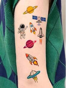 12pcs Cartoon Space Rocket Temporary Waterproof Tattoo Stickers, Astronaut Realistic Tattoo Decals, Fun Party Gifts - Multicolor - View 3