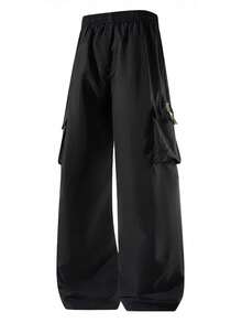 Celana Panjang Pria Hitam Model Kargo dengan Kancing Lipat, Potongan Lebar, Tali Serut, Pinggang Elastis, Saku, Potongan Longgar, Kasual, Olahraga. - Hitam - View 4