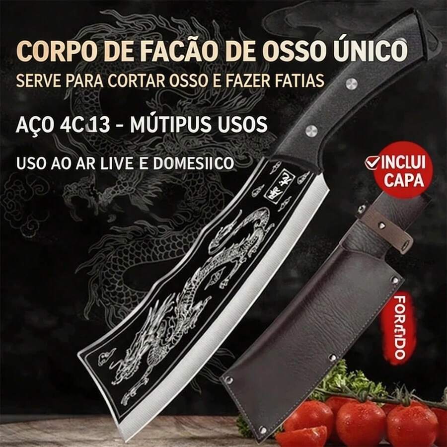 Faca Cozinha Chef Afiada, Cortar Carne Açougueiro Praticidade Na Cozinha Com Bainha - Preto - Visão 1