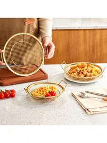 Brand New Gold-Plated Single Heavy-Duty Stainless Steel Fryer Rack And Drip Tray - Stackable Round Metal Mesh Basket With Drip Tray, Heat-Resistant, Durable For Frying, Stir-Frying, And Washing, Dishwasher (Multiple Options Available) - Multicolor - View 7