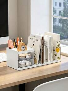 5/1pc Minimalist Plastic + Metal Rectangular Bookshelf, With Rabbit Dual Drawer Divided Book Holder, Desktop Book & Stationery Storage Rack, Practical Drawer Storage Box, Suitable For Study, Bedroom And Office Desktop Organization - Multicolor - View 2