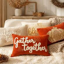 2pcs Pumpkin Letter Print Decorative Pillowcases, Farmhouse Rustic Linen Texture Rectangular Cushion Covers, Autumn Thanksgiving Halloween Home Decor, Suitable For Sofa Bedroom Living Room, Modern Country Style Throw Pillow Covers, Pillow Insert Not Included - Orange - View 2