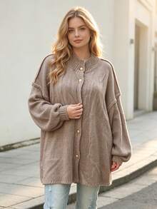 Plus Size Women Knitted Cardigan Sweater, Elegant Mature Minimalist Commuting Daily Wear, Plus Size Solid Drop Shoulder Long Sleeve Button Up Outerwear, Autumn/Winter - Khaki - View 1
