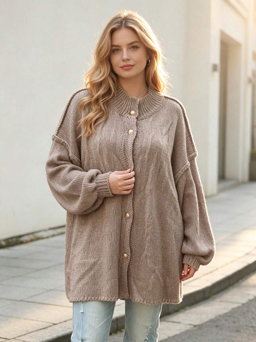 Plus Size Women Knitted Cardigan Sweater, Elegant Mature Minimalist Commuting Daily Wear, Plus Size Solid Drop Shoulder Long Sleeve Button Up Outerwear, Autumn/Winter - Khaki - View 1