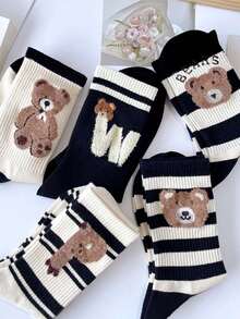 5 Pairs New Mid-Calf Women's Socks, Cute Sweet Bear Design, Japanese Style Striped Feather Yarn Long Socks, Korean Version Ins Socks, Autumn/Winter - Multicolor - View 4