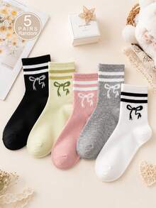 1/5/10pcs Women's Random Striped Bowknot Solid Color Minimalist Fashion Mid-Calf Socks, Soft Comfortable Breathable All-Season Versatile Preppy Casual Sports Suitable For Daily Wear - Multicolor - View 10