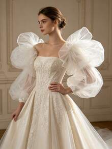 White Detachable Puff Mesh Sleeve Cuffs, Strapless Wedding Dress Accessory, Vintage Photography Gown Fluffy Tulle Sleeves - Multicolor - View 9