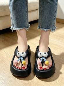 Cute Cartoon Platform Flip Flops For Women, Soft EVA Platform Sandals Decorated With 3D Raised Eyes And Pom-Poms, Wearable Both Indoors And Outdoors - Black - View 3