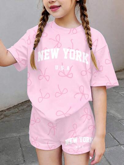 2pcs/Set Tween Girls Summer Coconut Tree Landscape Print Short Sleeve T-Shirt, 3 Colors Available, Round Neck Casual Top, Versatile Summer Outfit For Baby Outings