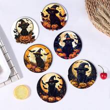 6pcs/Set Or 420pcs/70sets Halloween Series Full Moon Witch Hat Black Cat Pattern Printed Beverage Coasters, 10cm/2mm Thick Rubber Soft Bottom Round Absorbent Rubber Beverage Coasters, Soft Rubber Backing, Decorative Coasters, Suitable For Cups, Home Kitchen Dining Table Decoration Mats, Decorative Coasters, Kitchen Decoration, Dining Table Decoration - Multicolor - View 12