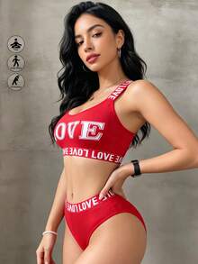 Runway Rest LOVE Letter Printed Sexy Sports Bra And Panties Set With Backless Design, Lingerie Set - Red - View 1