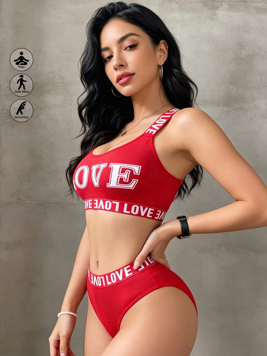Runway Rest LOVE Letter Printed Sexy Sports Bra And Panties Set With Backless Design, Lingerie Set - Red - View 1