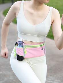 Peach Pink Slim Running Waist Pack, Multi-Pocket Sports Fanny Pack, Adjustable Elastic Waist Belt Bag, Portable Cell Phone Waist Pouch. - Pink - View 3
