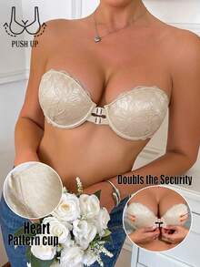 Women's Lace Push-Up Underwire Bra With Front Buckle, Backless Anti-Slip Strapless Bra, Heart-Shaped Cup Bra - Apricot - View 4