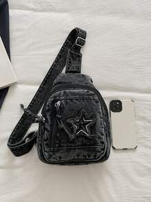 Five-Pointed Star Versatile Sports Chest Bag, Large Capacity, Vintage Denim, Shoulder Messenger Bag, Essential For Women's Commuting And Sports - Black - View 3