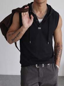 Men's Drawstring Hooded Casual Daily Wear Sleeveless Sweatshirt - Black - View 3