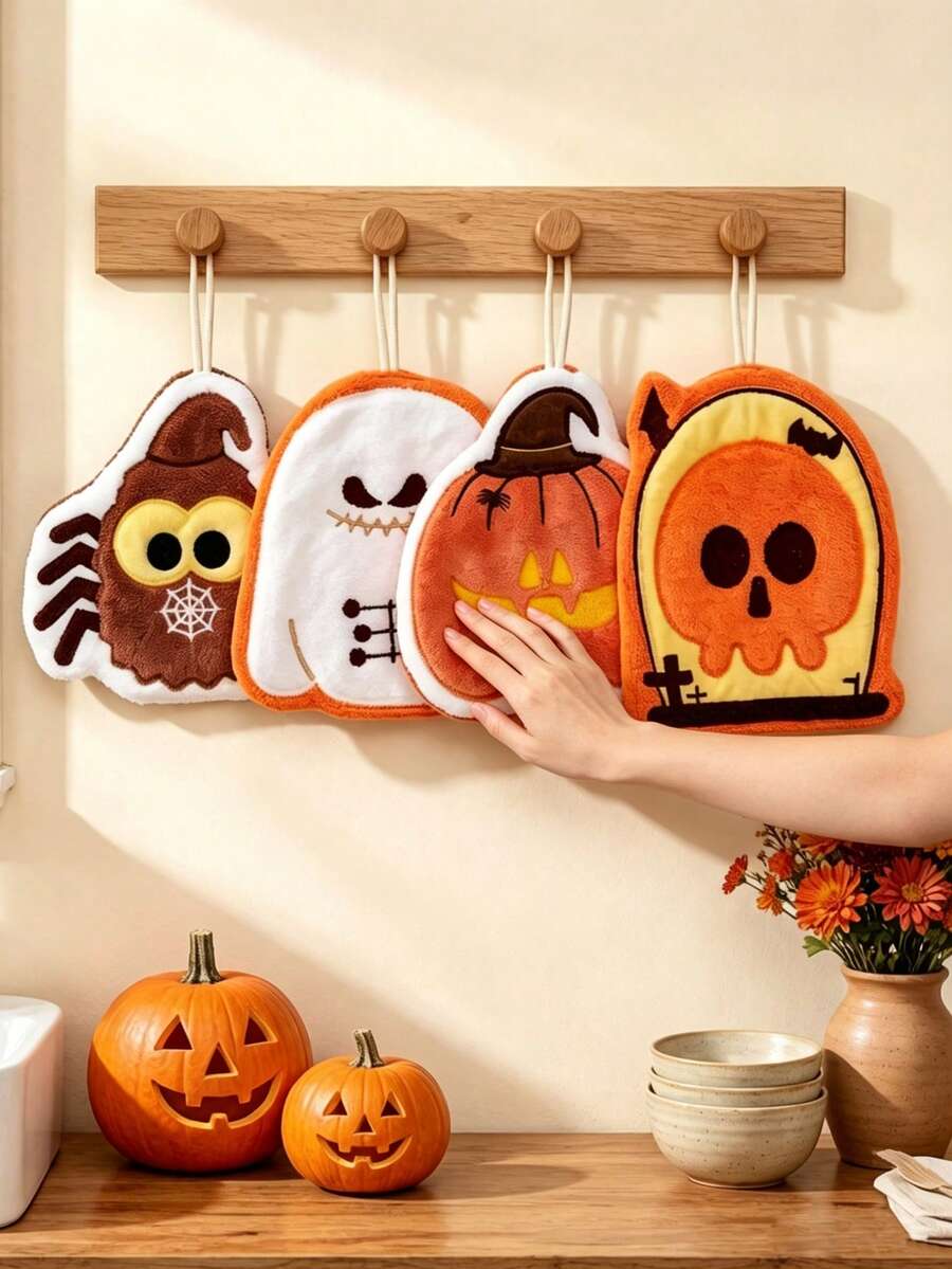 4/1pc Halloween Hanging Towels, Super Absorbent Thickened Coral Fleece Towels, Ghost And Pumpkin Halloween Decorative Towels, Suitable For Bathroom, Kitchen And Living Room, Heat-Resistant Thickened Pads, Cute And Quirky Home Decor - Multicolor - View 1