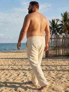 Plus Size 1XL-6XL Men's Loose Straight Linen Casual Pants, Hawaiian Resort Style Beach Trousers - Khaki - View 2