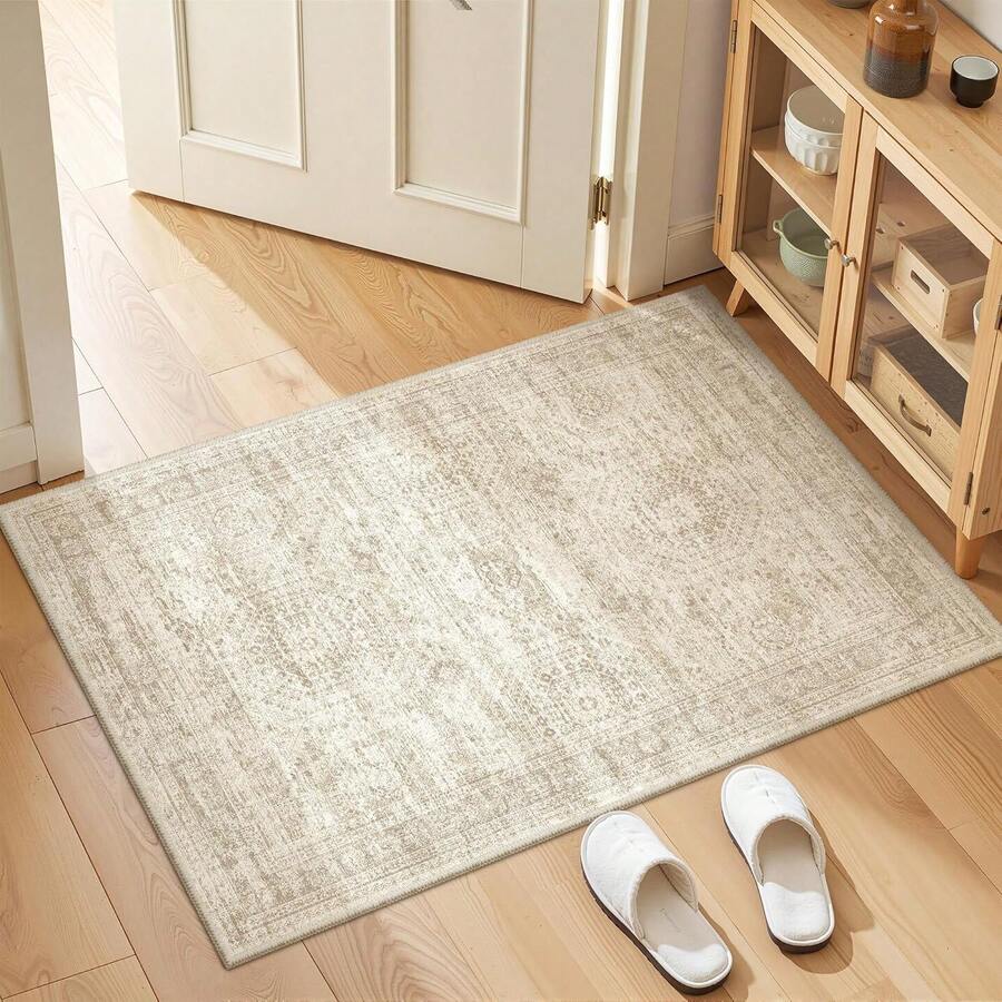 Alfombra de pasillo antideslizante para dormitorio, alfombra lavable con reverso de goma - Alfombra suave de pelo corto para cocina, lavandería, baño (61 x 244 cm, beige/marfil) - Camel - Ver 1