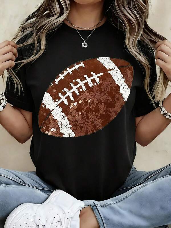 Camiseta de fútbol con lentejuelas para mujer, top casual de manga corta con gráfico de tema deportivo, camiseta de fiesta de declaración de moda