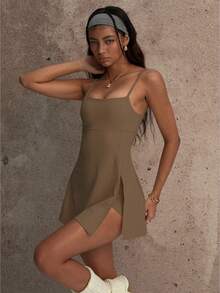 PinkTip Side Slit Backless Spaghetti Strap Yoga Dress With Built-In Shorts, Suitable For Tennis And Outdoor Sports One-Piece Dress Summer - Coffee Brown - View 3