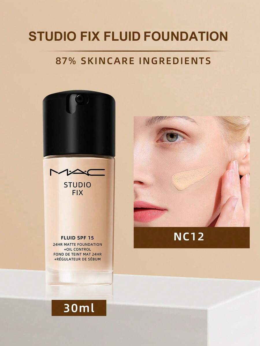 MAC STUDIO FIXFLUID BASE MATTE 24 HORAS + CONTROL DE GRASA - 1 Onza Líquida/ 30 ML - Base de maquillaje líquida impecable (Nueva) NC12 (30 ml) - Ver 1