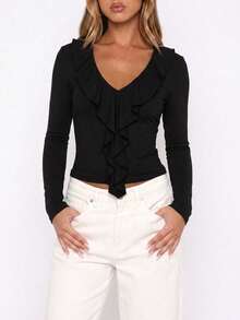 Elegant Fashion Deep V-Neck Ruffle Long Sleeve Slim Fit Women's Top, Autumn/Winter New Style, Versatile For Layering Or Wearing Alone Casual - Black - View 7