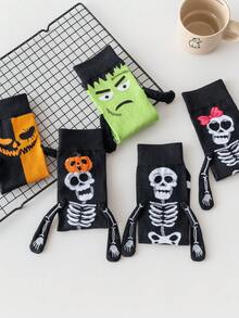 1/2/3/5 Pairs Black & White Skeleton Couple Magnetic Socks, White Mid-Calf Socks With Magnetic Attraction, Cute Auto-Connecting Socks For Spring & Autumn - Multicolor - View 4