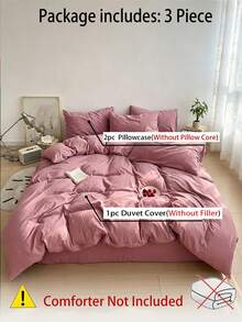 Blue & White Colorblock Washed Polyester Skin-Friendly 3 PiecesDuvet Cover Set - Watermelon Pink - View 7