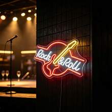 1 pieza Luz de neón LED con forma de guitarra Rock&Roll, adecuada para decoración de pared de bar de música, alimentada por USB, bajo voltaje, accesorio de pegatina de vidrio, base irrompible, sin sobrecalentamiento - Rojo, frío, blanco, amarillo limón - Ver 6