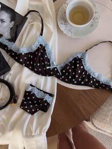 Polka Dot Bra Set, Lace Bow Thong, Cute Sexy Lingerie 2-Piece Set - Brown - View 5