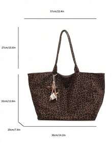 Large Capacity Brown Design Tote Bag With External Coffee Cup Hook, Leopard Print Top, Dual Shoulder Straps And Keyring - Brown - View 2