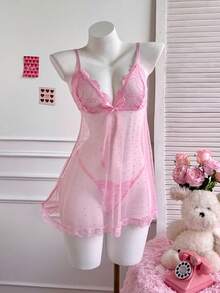 AESKEIA Women's Sexy Lingerie, Semi-Sheer Polka Dot Mesh Nightgown And Thong Set, Perfect For Holiday Gift - Pink - View 7