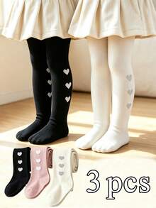 3 Pairs Kids Heart Print Tights, Breathable Solid Color 2-3Y Girls Daily Dress Matching Tights - Multicolor - View 1