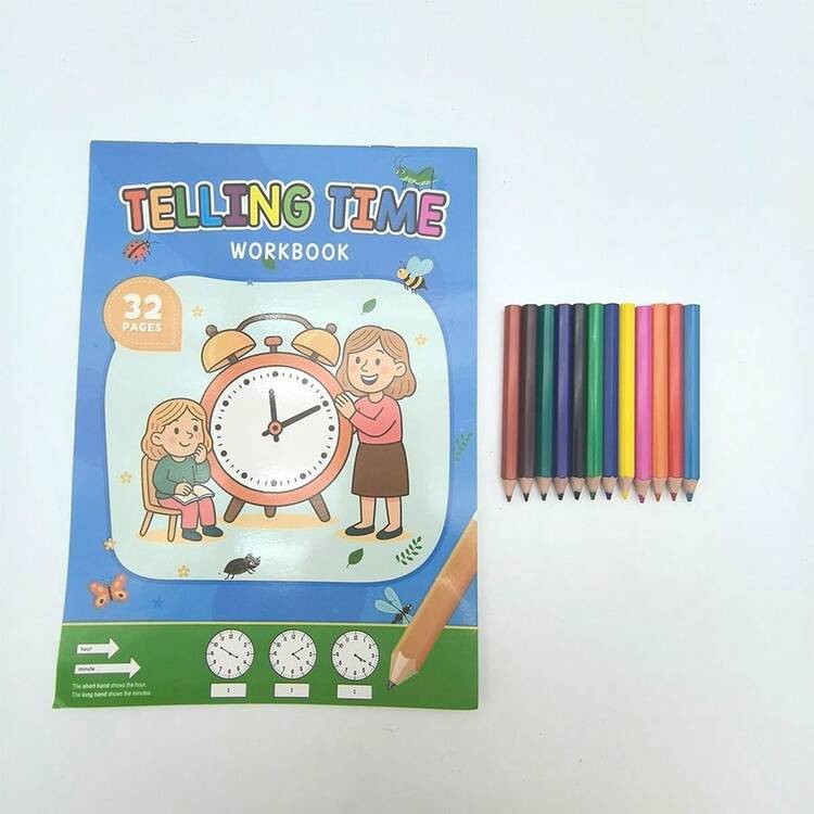1pc Math Clock Time Practice Book + 12pcs Colored Pencils, Math Work, Telling Time Book, Arithmetic Textbook, Suitable For Home Or Educational Settings, Paper Product, Birthday, Easter And Christmas Gift - Set - View 9