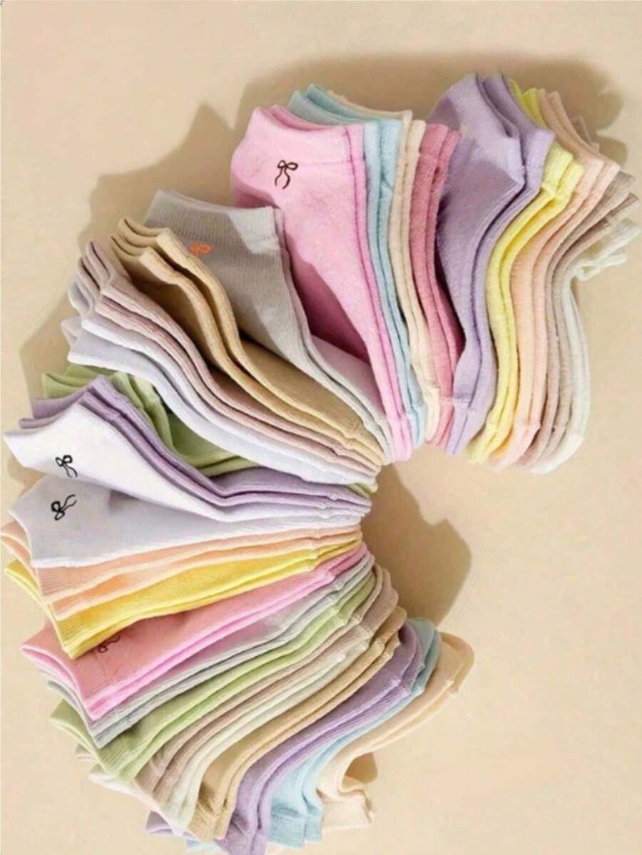 5/8/10Pairs New Bowknot Fashion Cute Candy Color Solid Color Boat Socks, Back-To-School Season Student Sports Short Socks - Multicolor - View 1