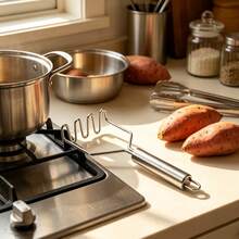 Manual Stainless Steel Potato Masher, Wavy Pressing Structure, Smooth And Fine Texture, Reduces Clumping. Smooth Stainless Steel Surface, Easy To Clean With Water. Ergonomic Cylindrical Handle, Comfortable For Long-Term Use, Hanging Hole For Storage. Suitable For Making Baby Food, Mashed Potatoes, Yam Puree, Fruit Puree, Daily Kitchen Cooking, Western Baking, Compact And Practical Kitchen Tool. - Silver - View 2