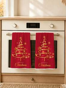 1pc/2pcs Ultra-Fine Microfiber Christmas Hand Towels, Spiral Christmas Tree & Gold Snowflake Pattern Design, Kitchen Cleaning Cloths, Restaurant Decor, Outdoor Party Supplies, Suitable For Christmas Kitchen And Bathroom Decoration, Advent Gift - Multicolor - View 2
