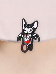 Cute Bat Blood Bag Enamel Pin, Gothic Vampire Brooch, Spooky Halloween Lapel Badge - Black and White - View 2