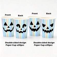 10/40pcs 9oz Halloween Party Cups Holographic Iridescent Pumpkin Ghost Disposable Paper Cups, Halloween Trick Or Treat Party Holiday Tableware - Pumpkin - View 6