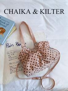 CHAIKA & KILTER 1件裝拼色PU布料托特包，女款時尚單肩托特包，滿版圓點圖案，雙手柄設計，拉鍊開合，飾帶裝飾，適合日常與街頭穿搭 - 粉色 - 查看 9