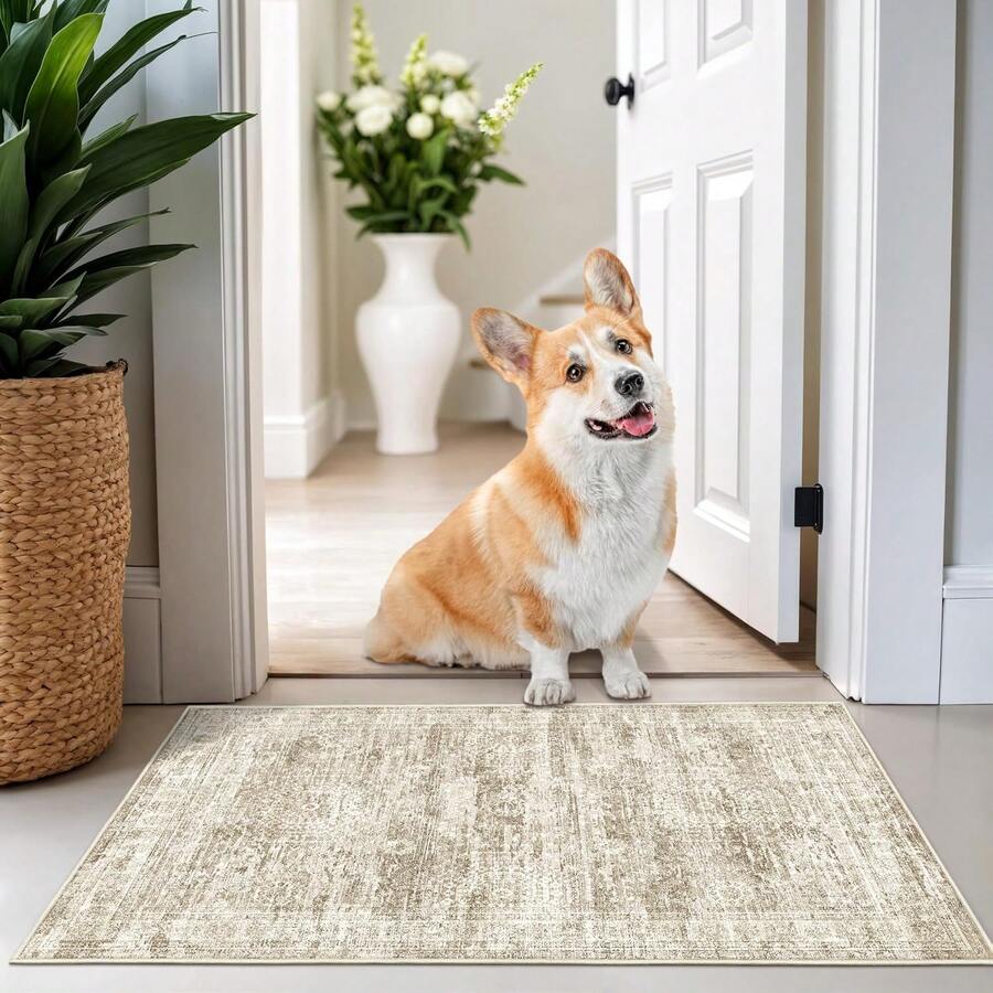 Alfombra de pasillo antideslizante para dormitorio, alfombra lavable con reverso de goma - Alfombra suave de pelo corto para cocina, lavandería, baño (61 x 244 cm, beige/marfil) - Marrón - Ver 1